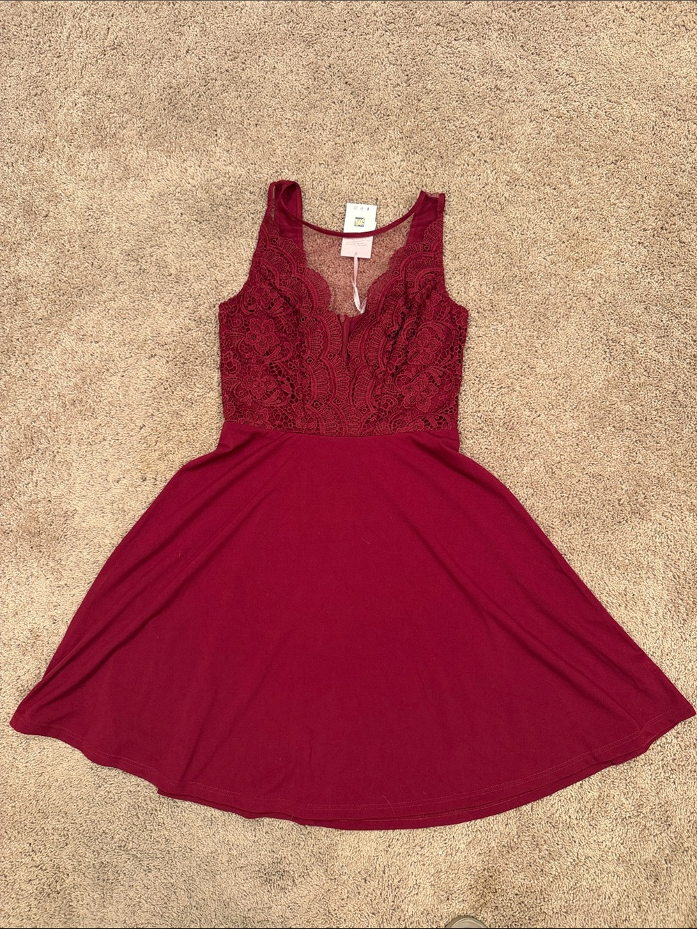 Lulu's Burgundy Lace Bodice Fit-and-Flare Dress